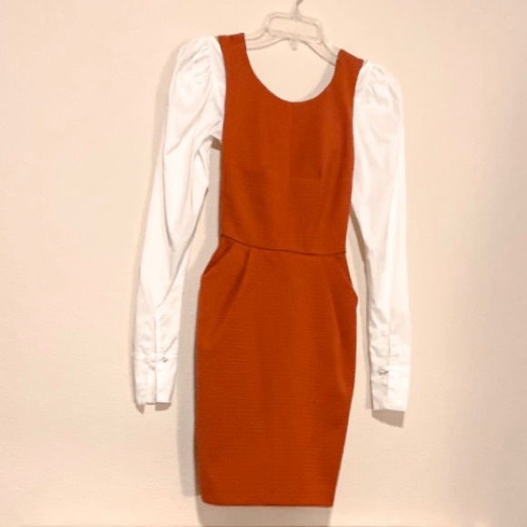 π Forever 21 Contemporary π Burnt Orange Waffle Knit Bib Pleat Mini Dress | S - Picture 3 of 11